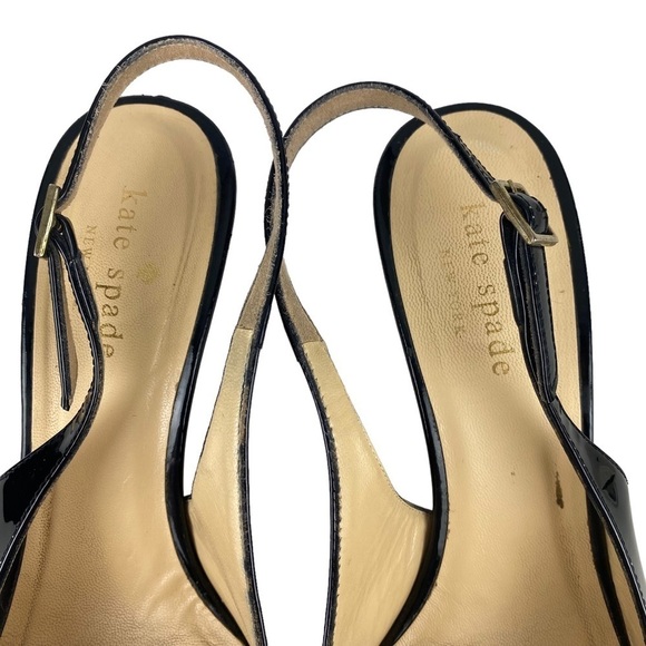 Kate Spade Black Sling Back Heels Gold Bow Made in Italy Size 7.5 Patent Leather - Picture 10 of 11